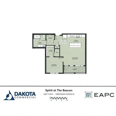 Floor plan for 1 bed, 1 bath, 1019 sqft
